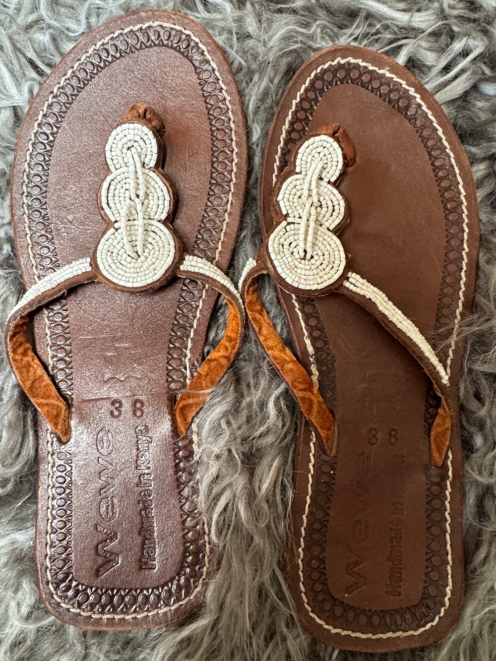 Wewe Handcrafted Brown Leather Sandals with White Beaded Detail